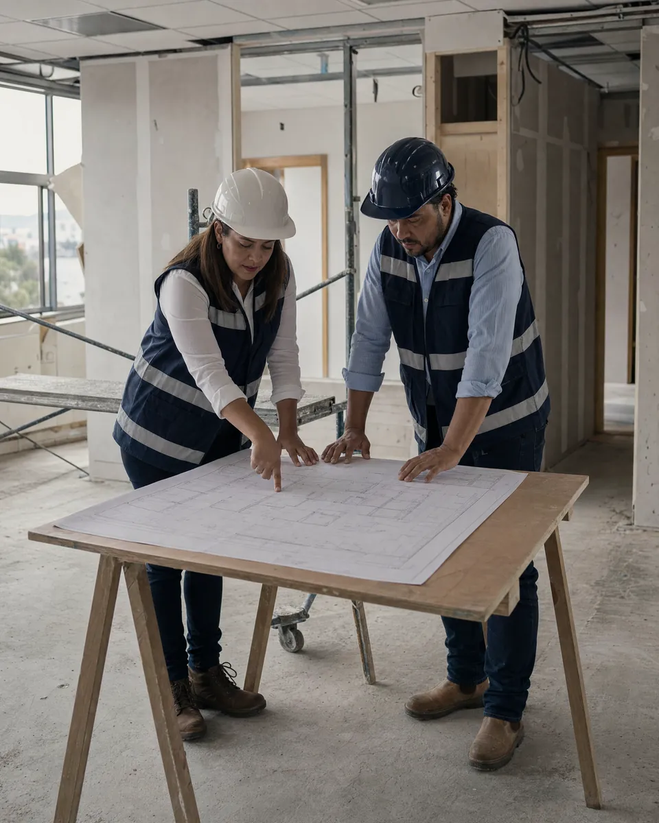 Dos personas revisan un plano impreso en un piso de oficinas en remodelación
